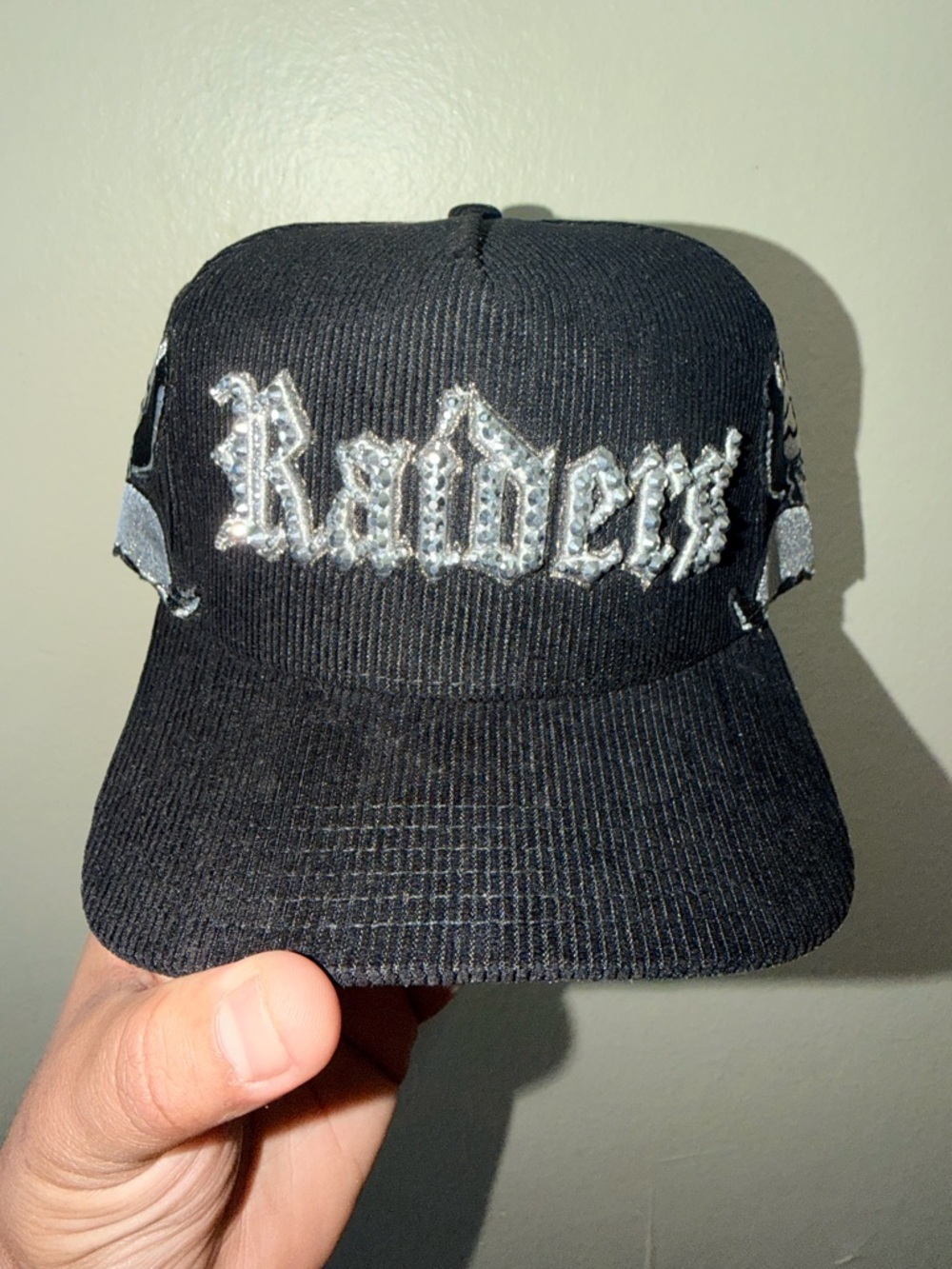 Custom "Raiders" SnapBack with silver hand set rhinestones